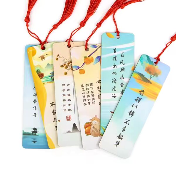 Custom wood bookmarks with red tassels. Wholesale bookmark supplier.