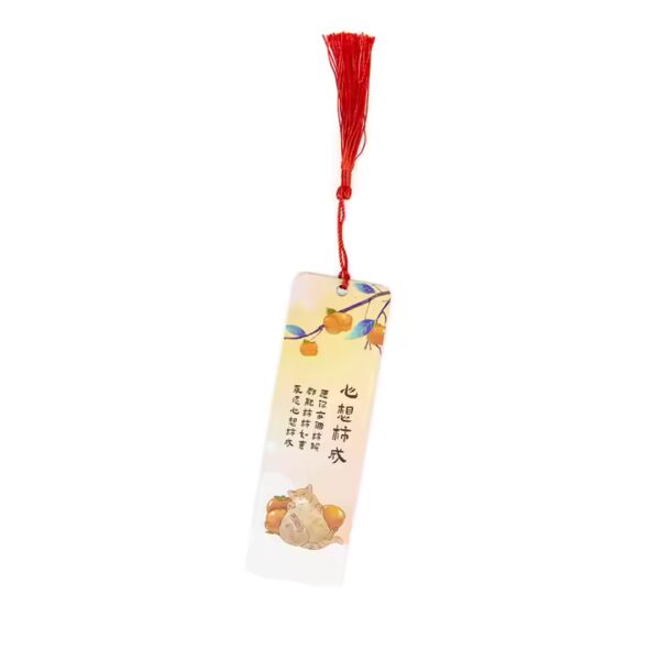 Custom wood bookmark with red tassel, featuring a cat and persimmon illustration. Wholesale bookmark supplier.