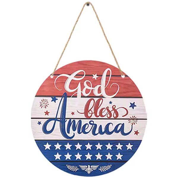 Patriotic round welcome wood sign:"God Bless America," red, white, and blue. Perfect for 4th of July.