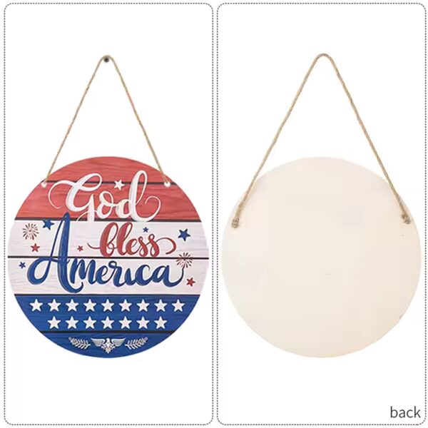 Round wooden sign: "God Bless America," red, white, & blue patriotic design. Welcome wood sign for distribution.