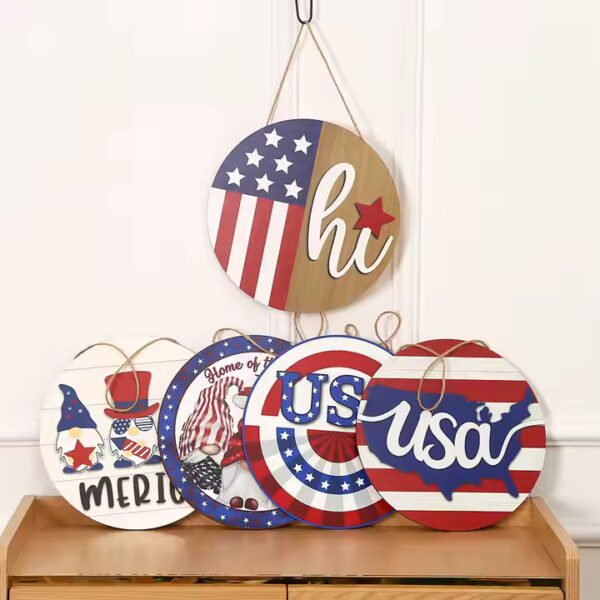 Four patriotic wood decoration hangers with gnomes and USA themes. Wholesale door hanging wood decorations.