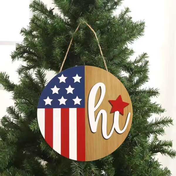 Patriotic "Hi" round wooden door hanger with American flag design. Wholesale wood decoration.
