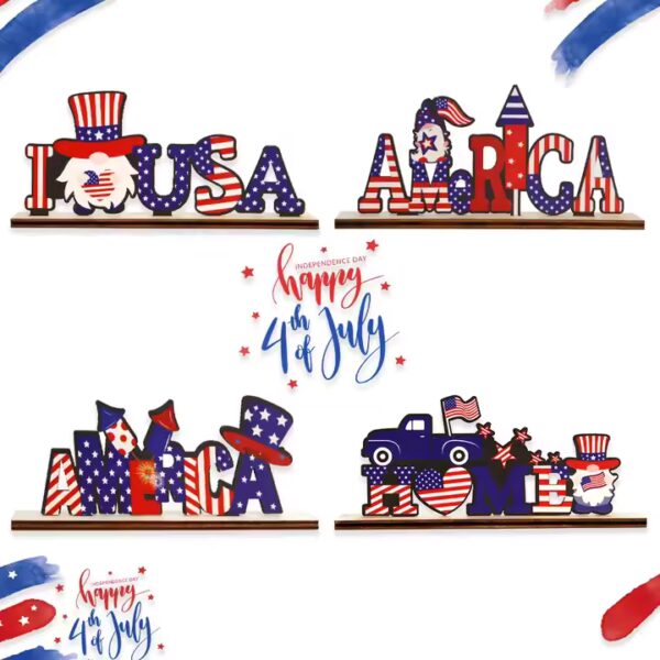 Patriotic 4th of July wood decorations: USA, America, Home. Red, white, and blue themed.