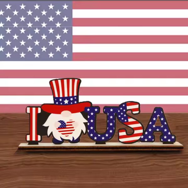 Patriotic gnome wooden I love USA sign. Red, white, and blue wood decoration.