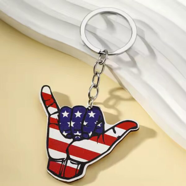 American flag hang loose hand gesture wood keychain. USA flag keychain.