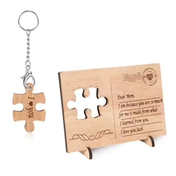 Personalized wooden keychain and postcard set; "I love you" engraved on puzzle piece keychain. Wood key holder manufacturer.