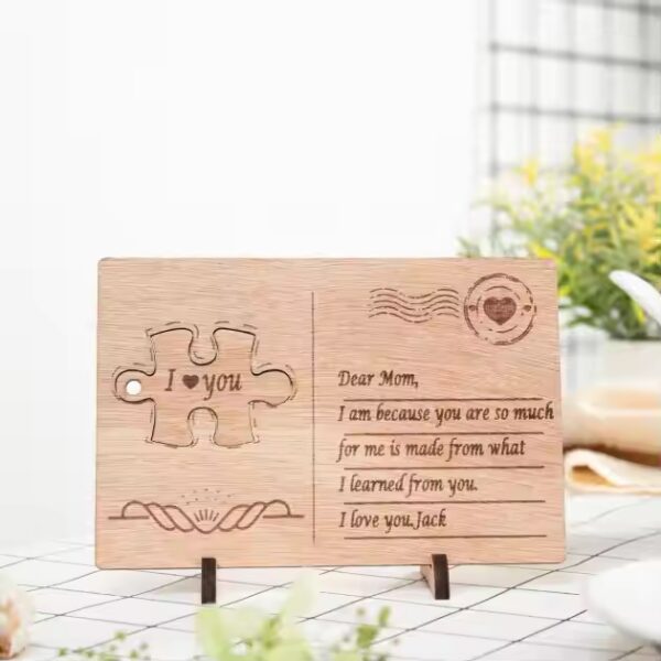 Wooden postcard with "I love you" message and puzzle piece design. Personalized gift for Mom.