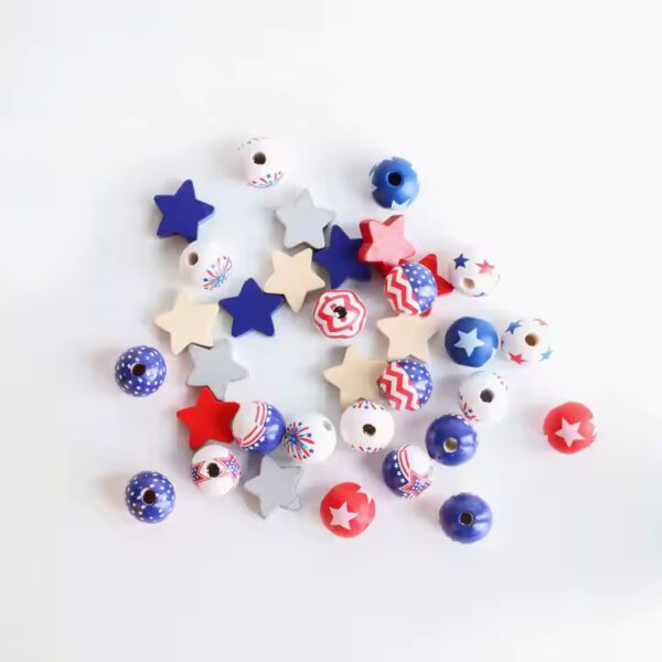 Patriotic stars and round wooden beads for jewelry making. Wholesale craft beads in bulk.