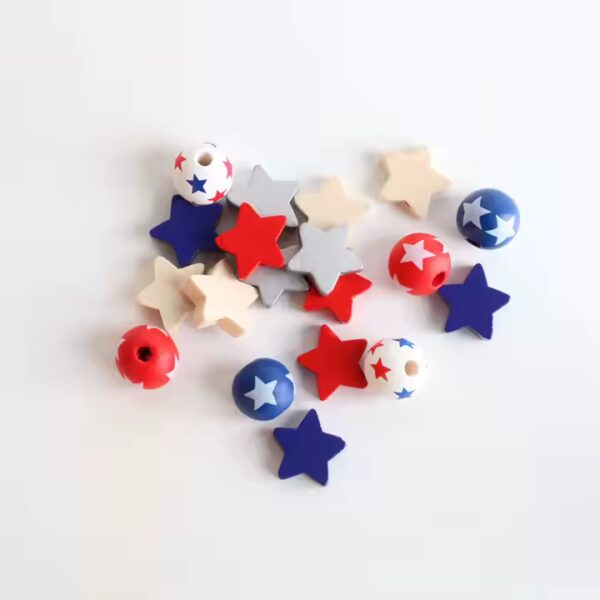 Patriotic star and round wooden beads for jewelry making. Wholesale craft beads.