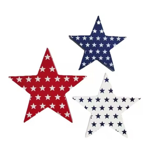 Three patriotic wooden craft; red, white, and blue star decorations.